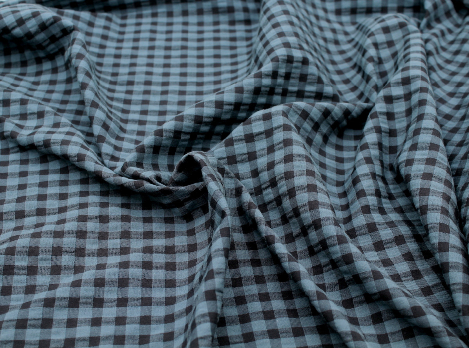 Seersucker / Coton gaufré vichy bleu jean noir