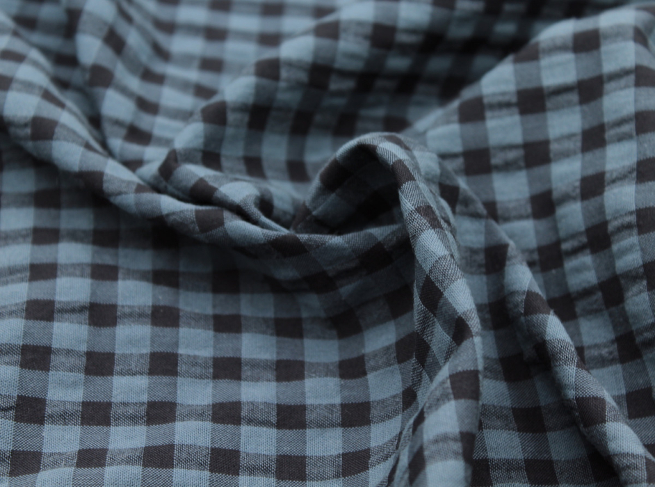 Seersucker / Coton gaufré vichy bleu jean noir