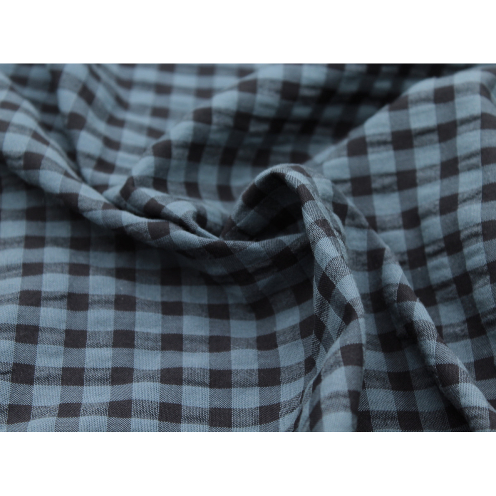 Seersucker / Coton gaufré vichy bleu jean noir