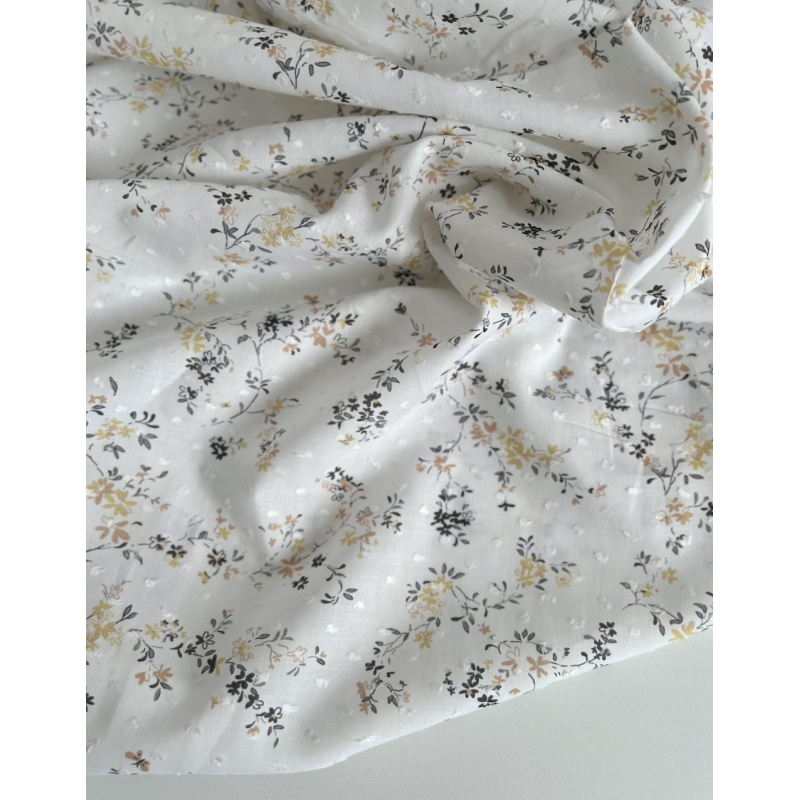 Coline - Plumetis de coton parme imprimé fleuri gris moutarde Tissus issus de l'agriculture biologique  - 2
