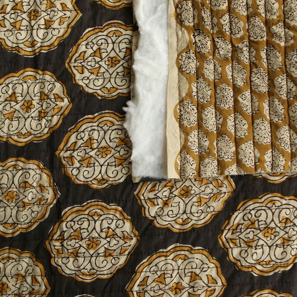 Rani & Pallavi - Tissu indien matelassé double face coton hand block teal largeur 100cm