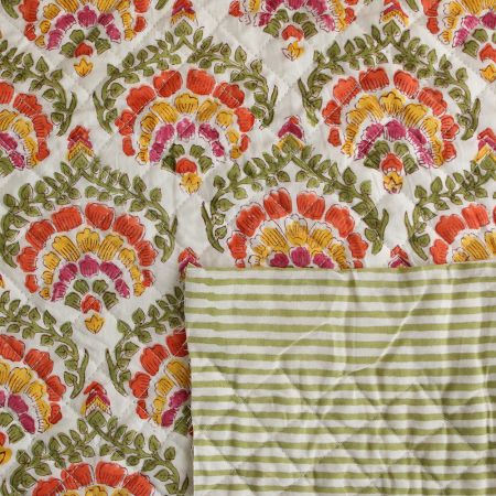 Ravi - Tissu indien matelassé double face coton hand block teal largeur 100cm