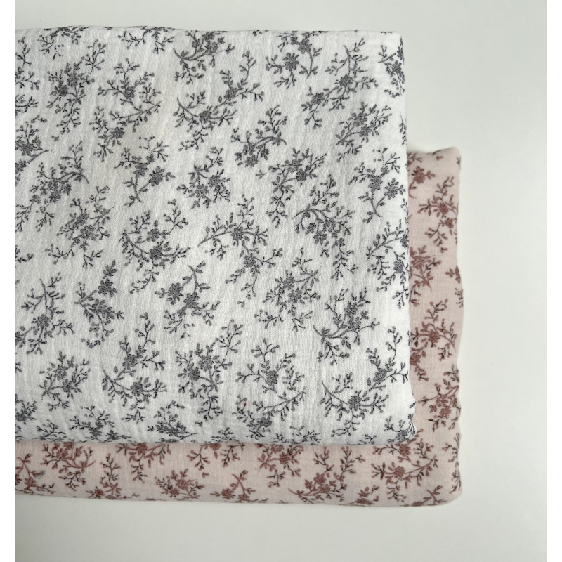 Meriem - Double gaze de coton BIO exclusif blanc à motifs fleuris gris Tissus issus de l'agriculture biologique  - 9