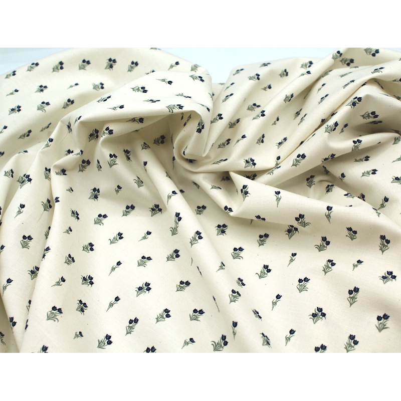Popeline fine et douce coton organique fond ivoire imprimé tulipes marine
