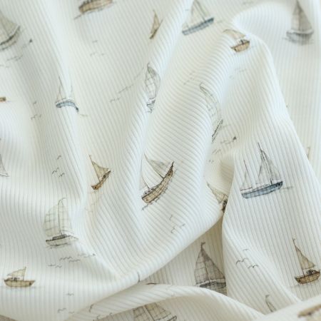 Jersey coton côtes fines à motifs bateaux
