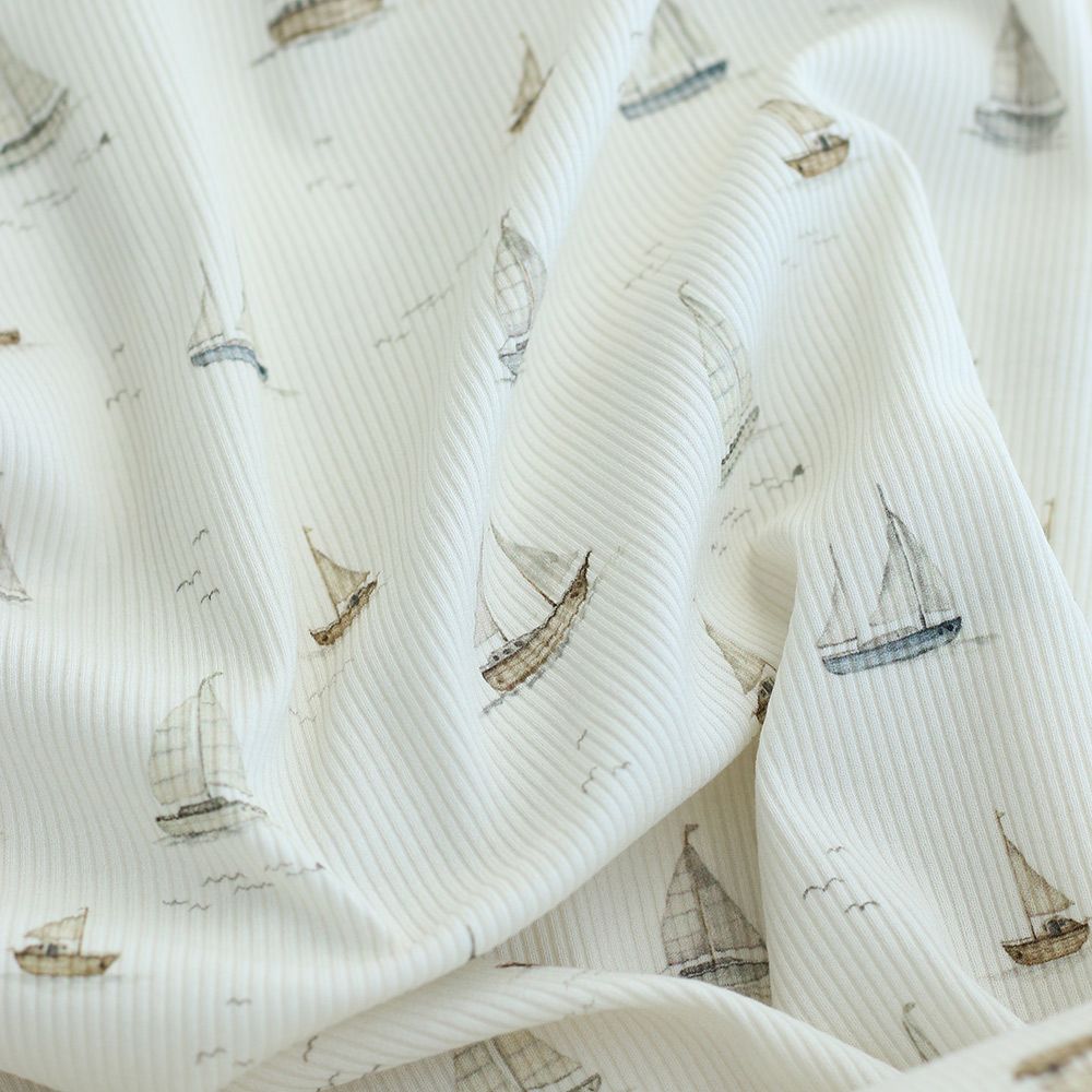Jersey coton côtes fines à motifs bateaux