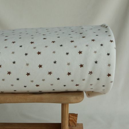 Stars - Velours de coton Nicky fond blanc lait motif étoiles marron