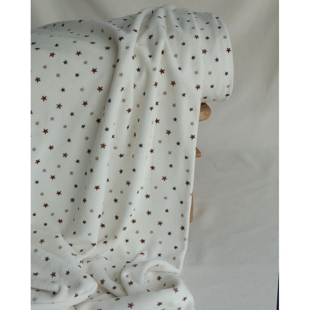 Stars - Velours de coton Nicky fond blanc lait motif étoiles marron