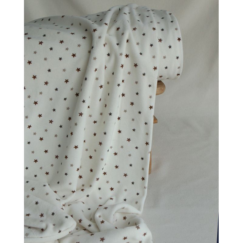 Stars - Velours de coton Nicky fond blanc lait motif étoiles marron