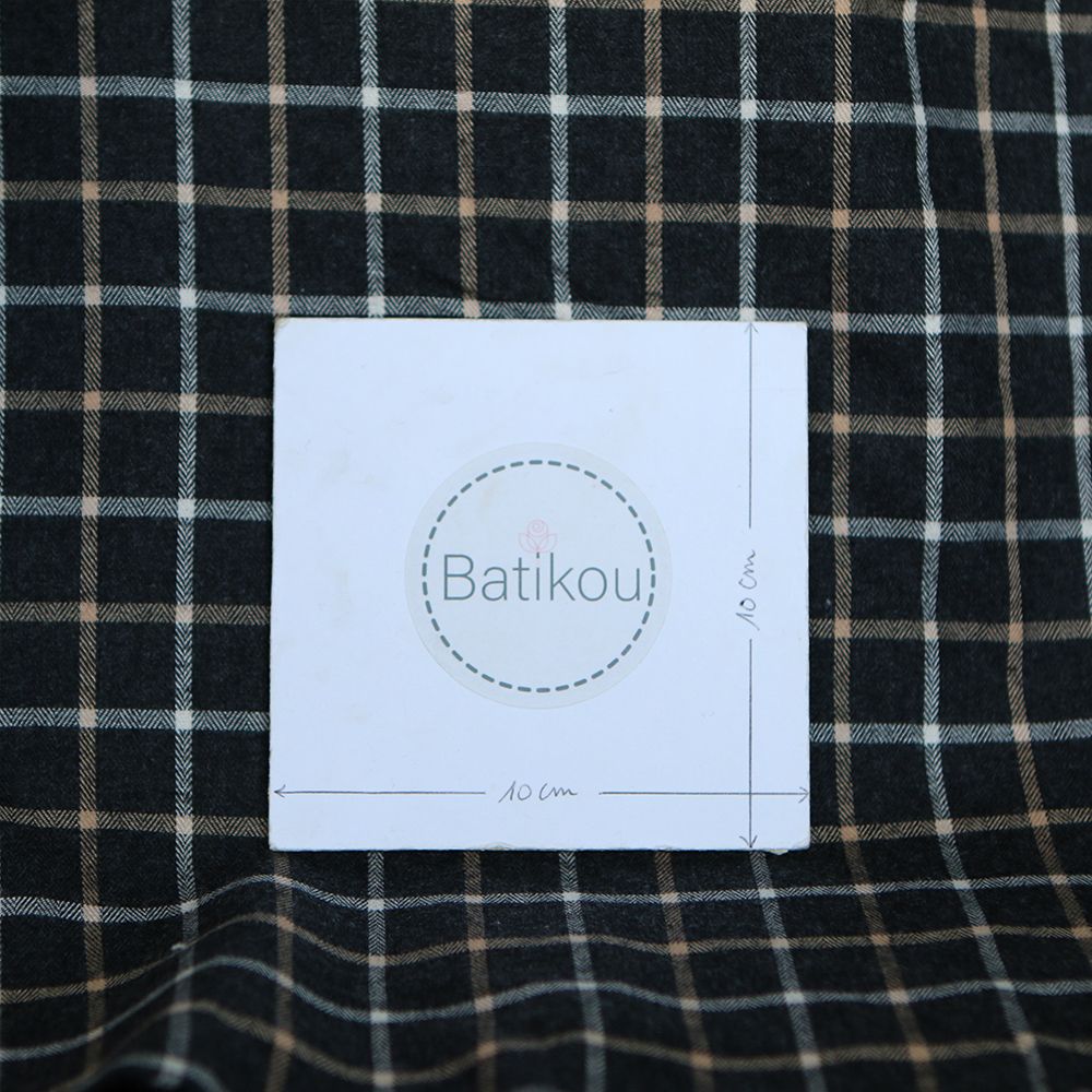 Blake - Coton gratté organique quadrillage écru et crème fond anthracite