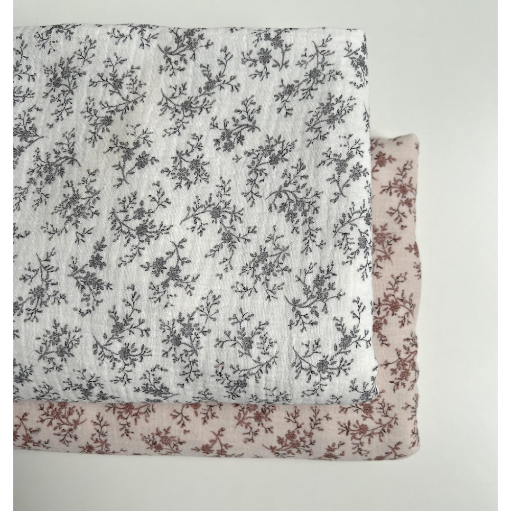 Meriem - Double gaze de coton BIO exclusif blanc à motifs fleuris gris Tissus issus de l'agriculture biologique  - 9