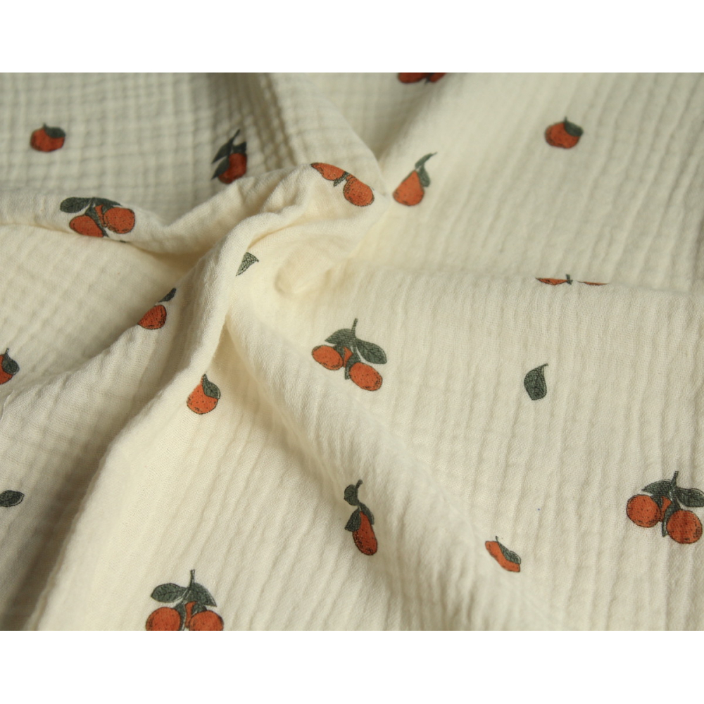 Double gaze de coton BIO écru motif exclusif oranges Tissus issus de l'agriculture biologique  - 6