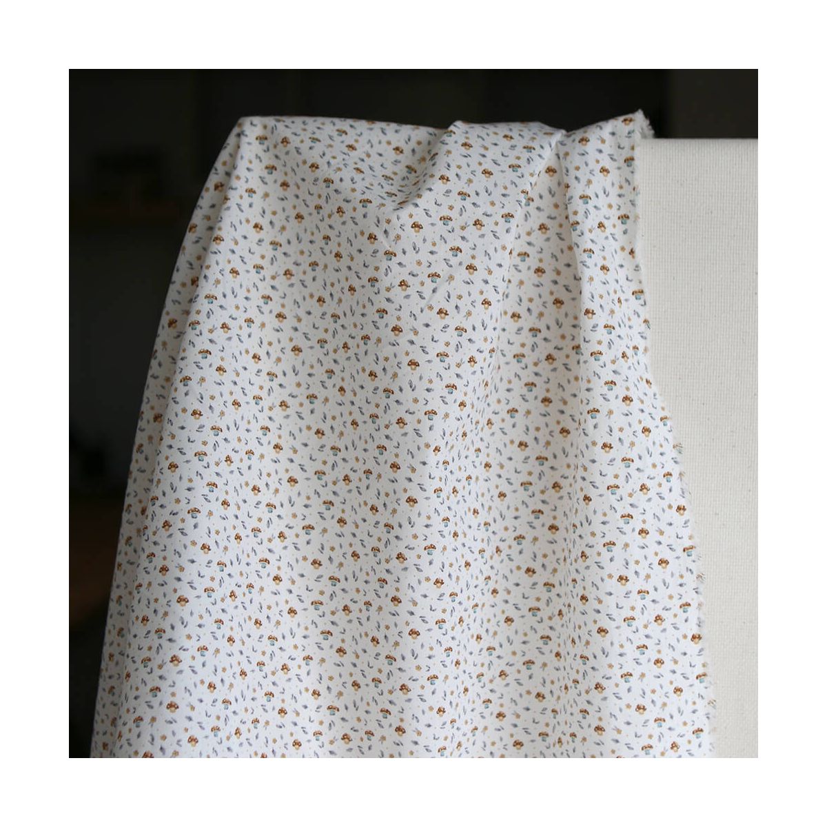 Amanite - Popeline de coton BIO imprimé champignon bleu gris et marron