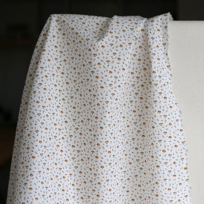 Amanite - Popeline de coton BIO imprimé champignon bleu gris et marron