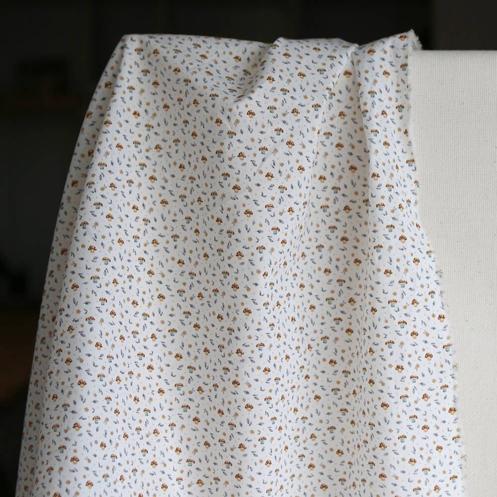 Amanite - Popeline de coton BIO imprimé champignon bleu gris et marron