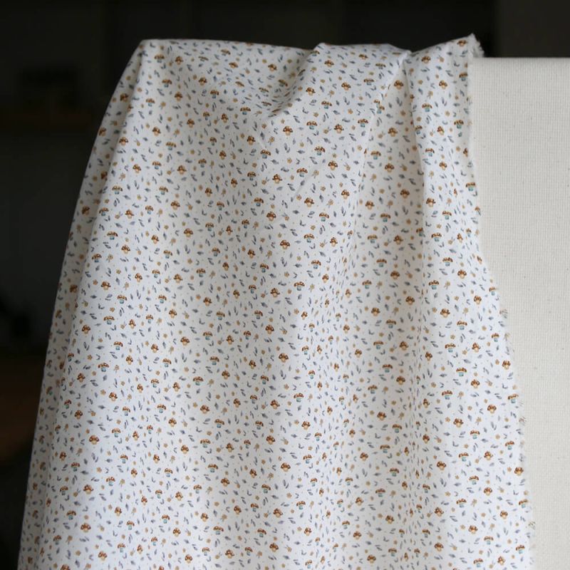 Amanite - Popeline de coton BIO imprimé champignon bleu gris et marron