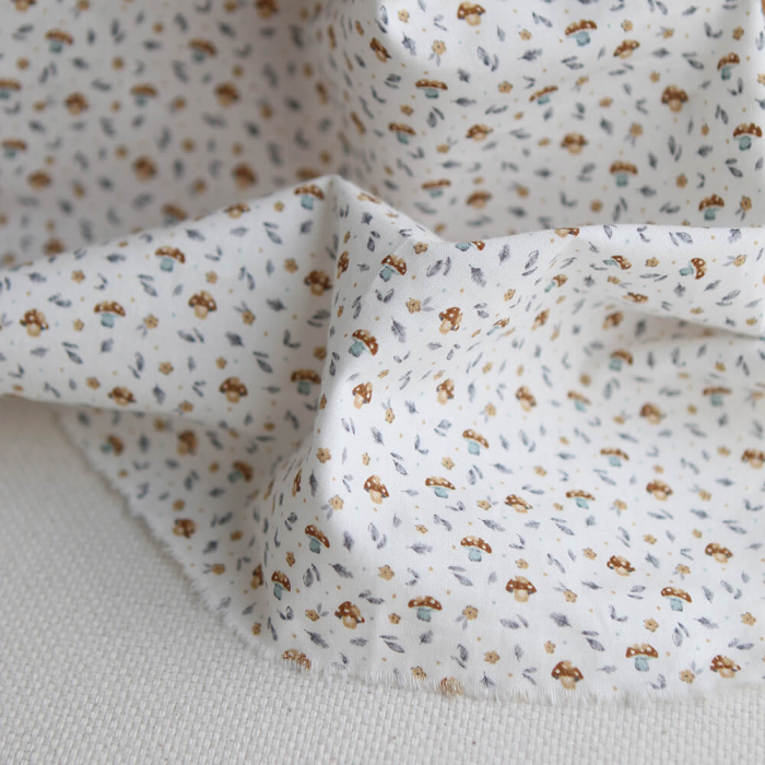 Amanite - Popeline de coton BIO imprimé champignon bleu gris et marron