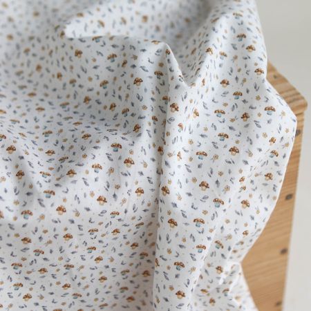 Amanite - Popeline de coton BIO imprimé champignon bleu gris et marron