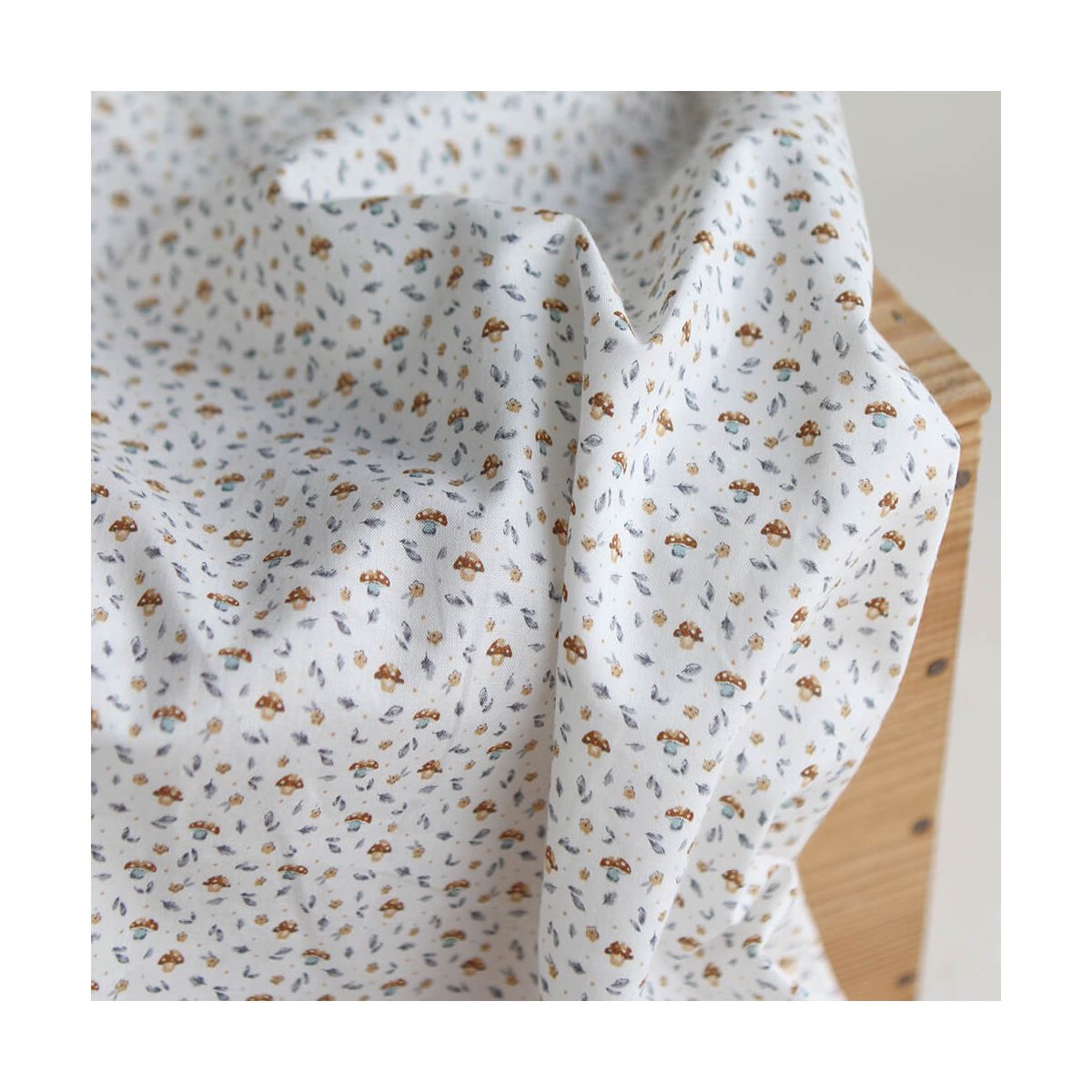 Amanite - Popeline de coton BIO imprimé champignon bleu gris et marron