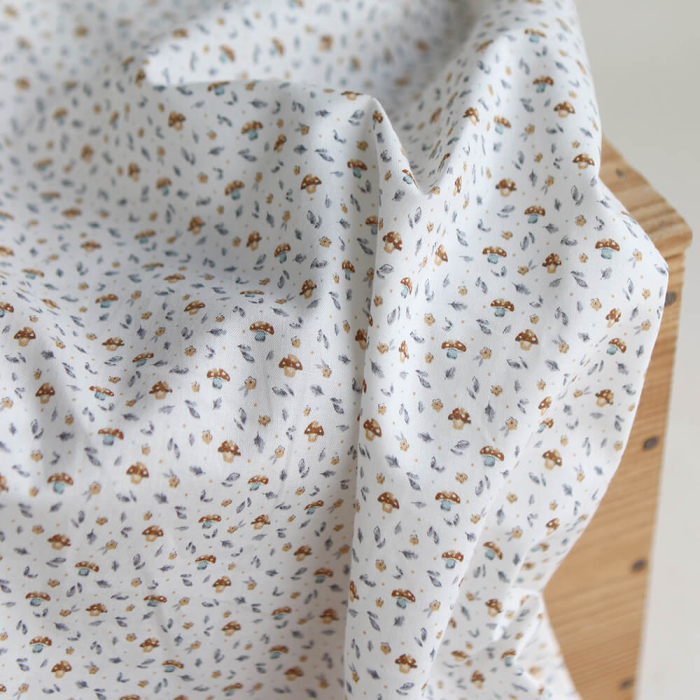 Amanite - Popeline de coton BIO imprimé champignon bleu gris et marron