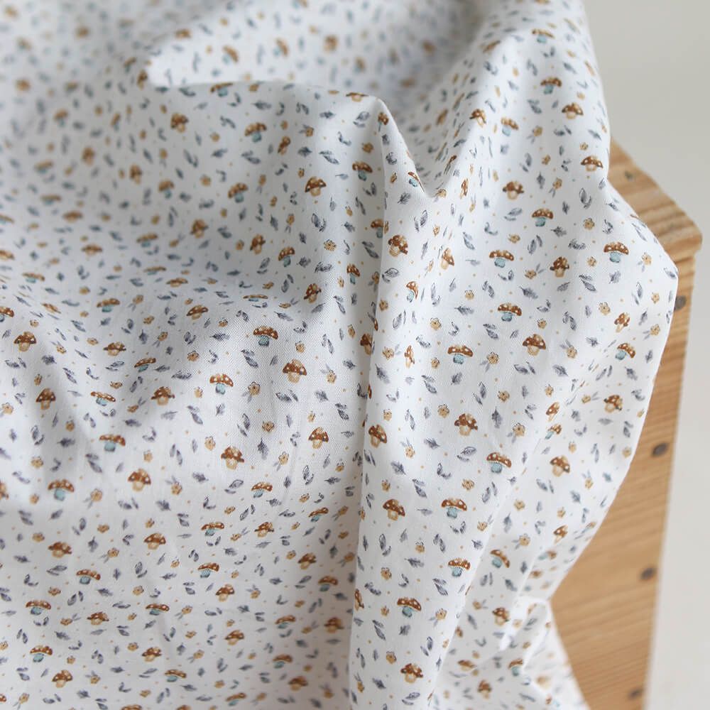 Amanite - Popeline de coton BIO imprimé champignon bleu gris et marron