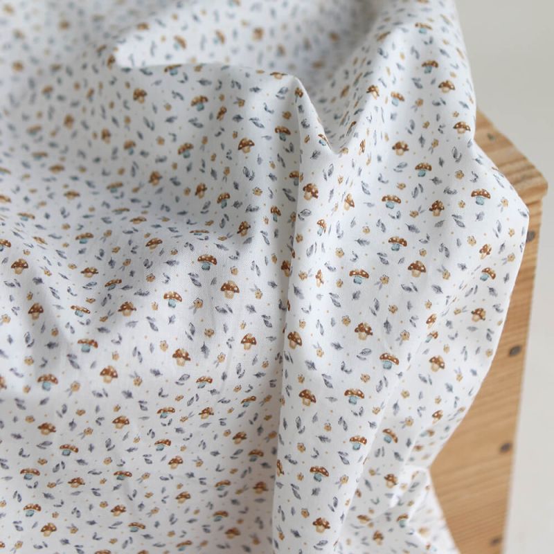 Amanite - Popeline de coton BIO imprimé champignon bleu gris et marron