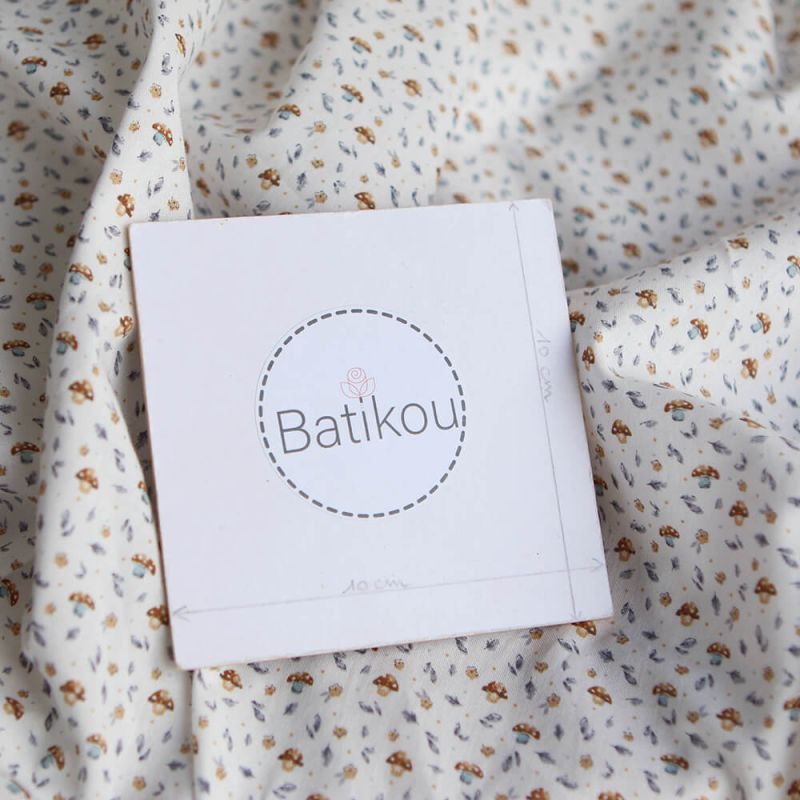 Amanite - Popeline de coton BIO imprimé champignon bleu gris et marron