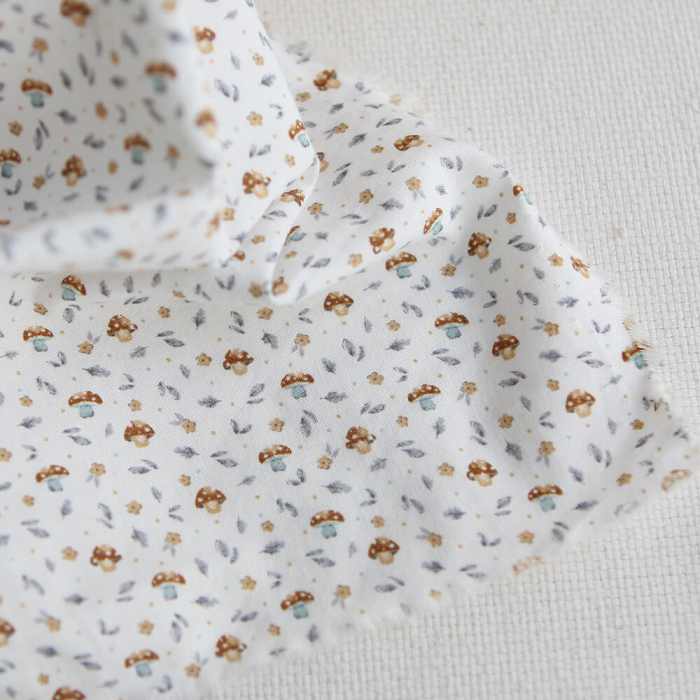 Amanite - Popeline de coton BIO imprimé champignon bleu gris et marron