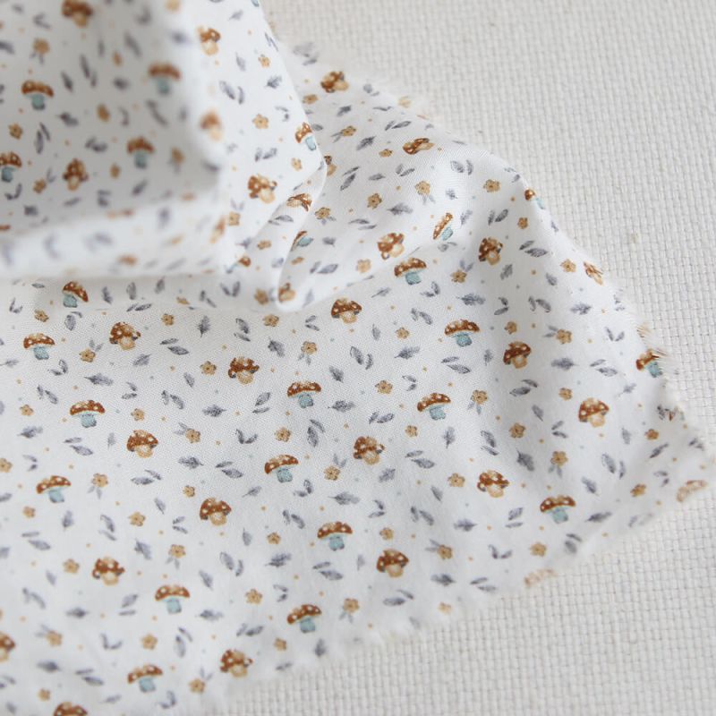 Amanite - Popeline de coton BIO imprimé champignon bleu gris et marron