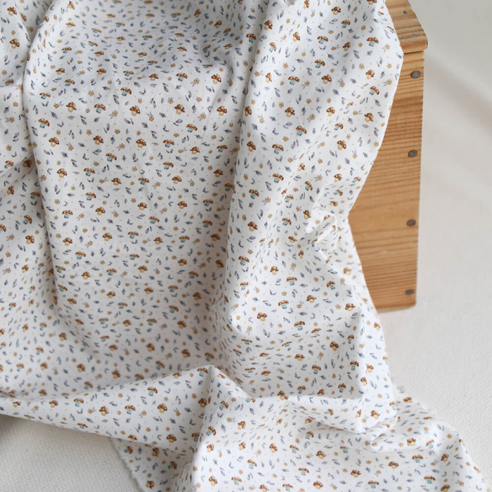 Amanite - Popeline de coton BIO imprimé champignon bleu gris et marron