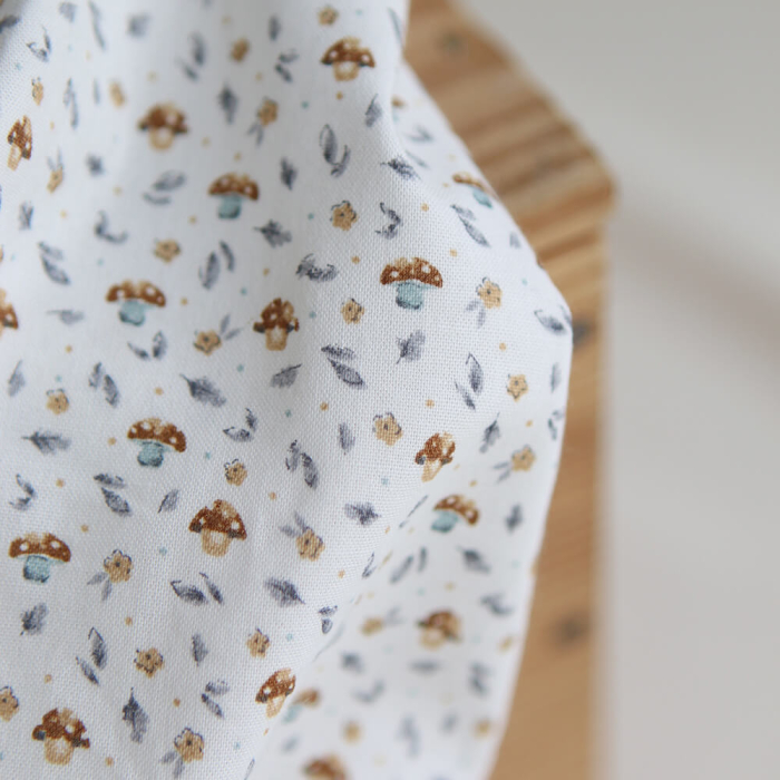 Amanite - Popeline de coton BIO imprimé champignon bleu gris et marron