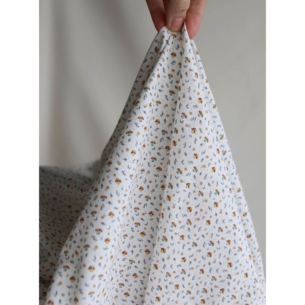 Amanite - Popeline de coton BIO imprimé champignon bleu gris et marron