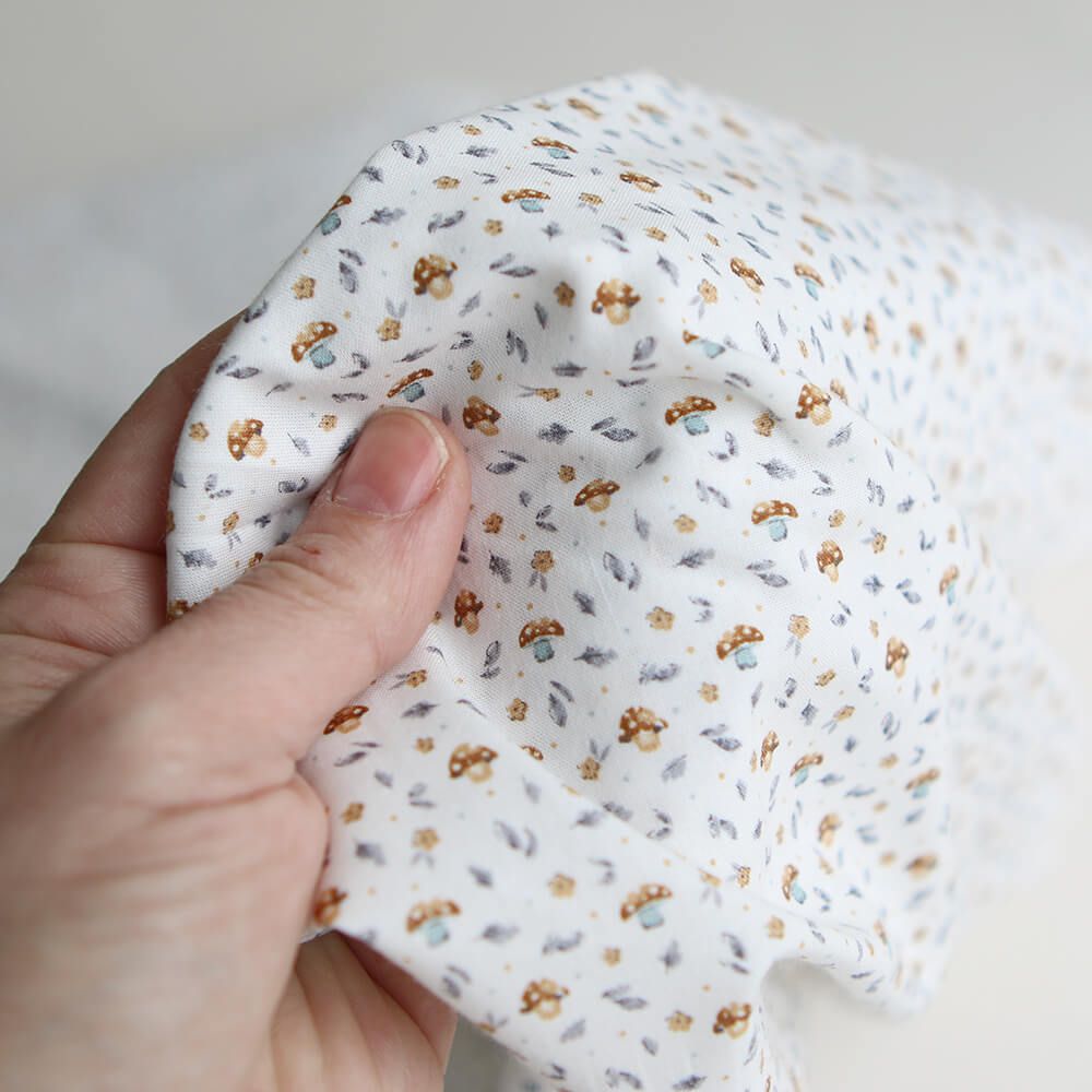 Amanite - Popeline de coton BIO imprimé champignon bleu gris et marron