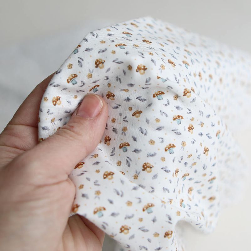 Amanite - Popeline de coton BIO imprimé champignon bleu gris et marron