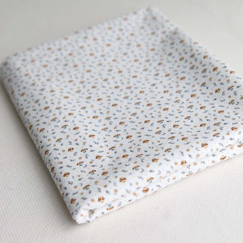 Amanite - Popeline de coton BIO imprimé champignon bleu gris et marron