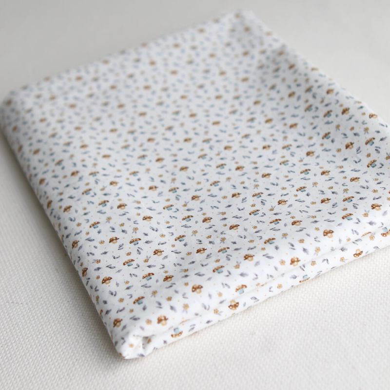 Amanite - Popeline de coton BIO imprimé champignon bleu gris et marron