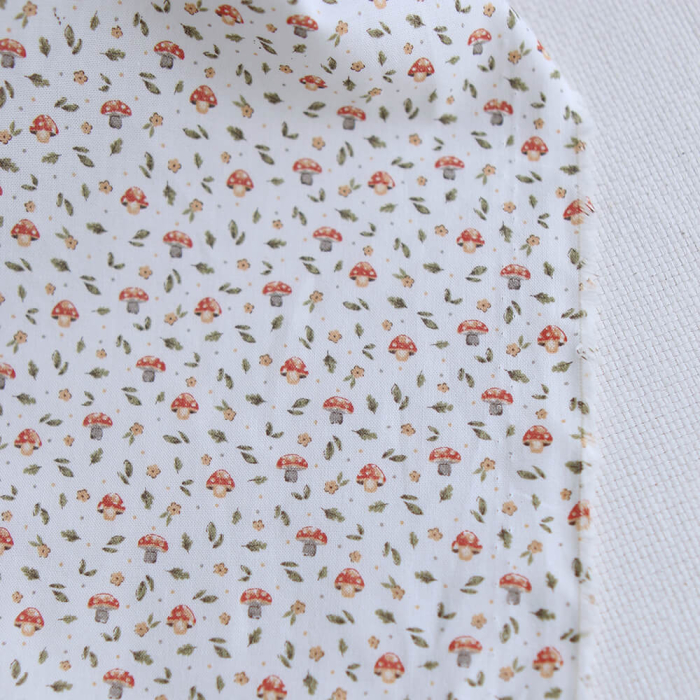 Amanite - Popeline de coton BIO imprimé champignon rouge orangé et vert