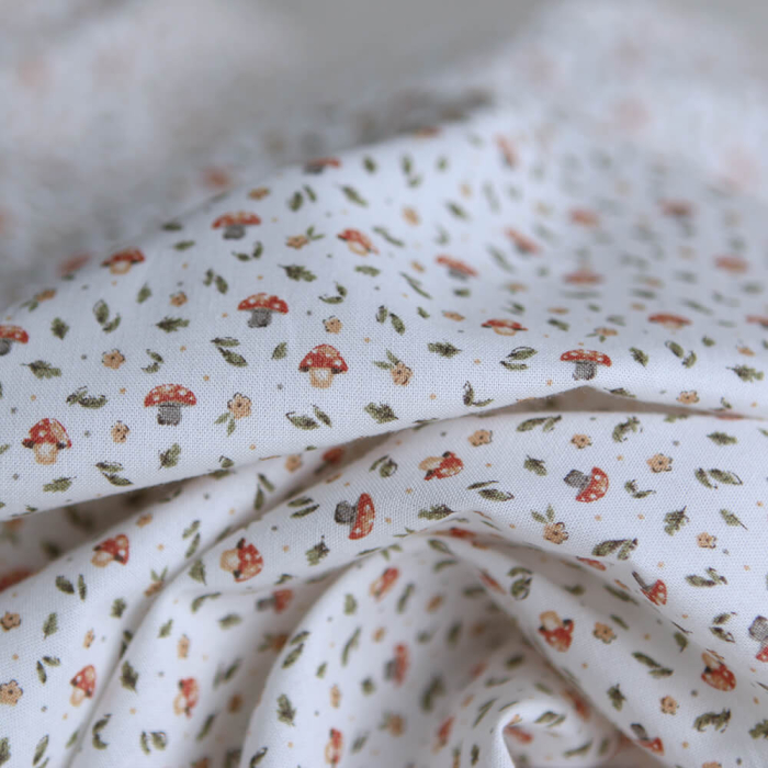 Amanite - Popeline de coton BIO imprimé champignon rouge orangé et vert