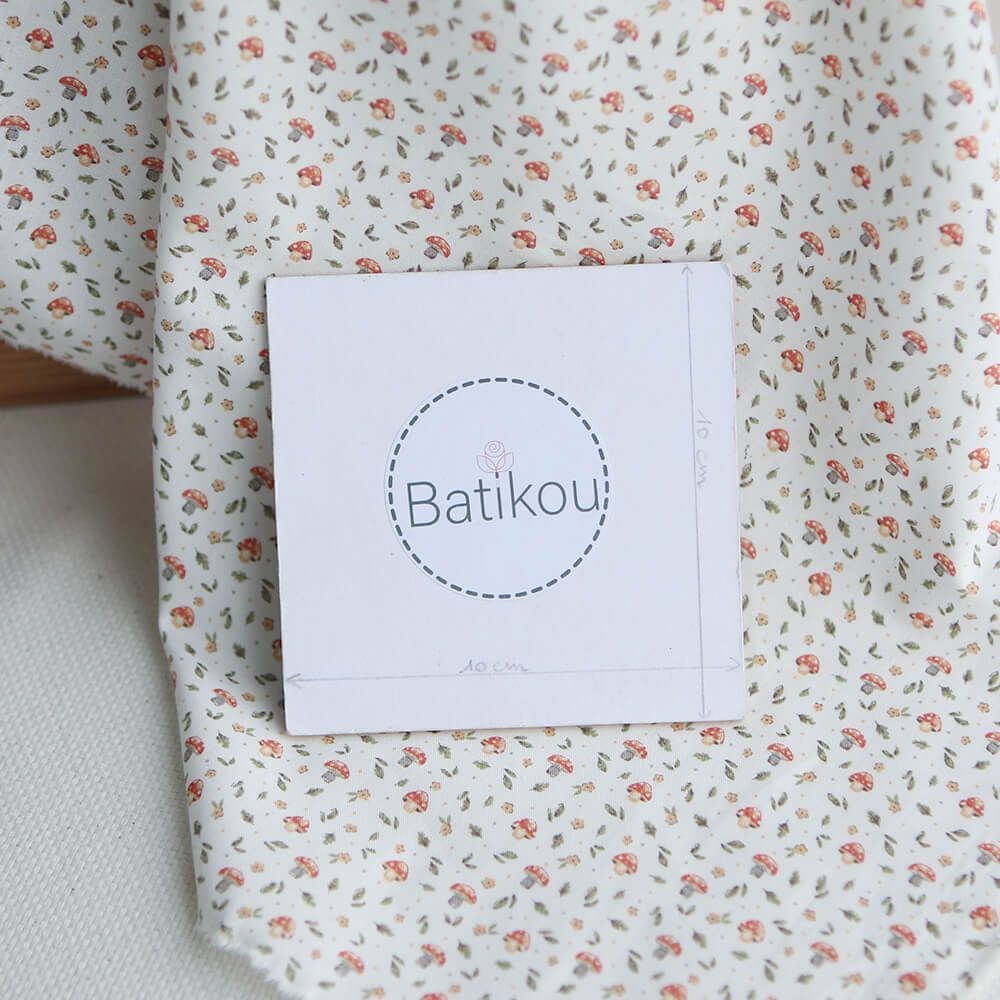 Amanite - Popeline de coton BIO imprimé champignon rouge orangé et vert