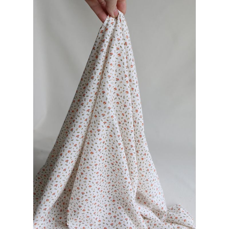 Amanite - Popeline de coton BIO imprimé champignon rouge orangé et vert