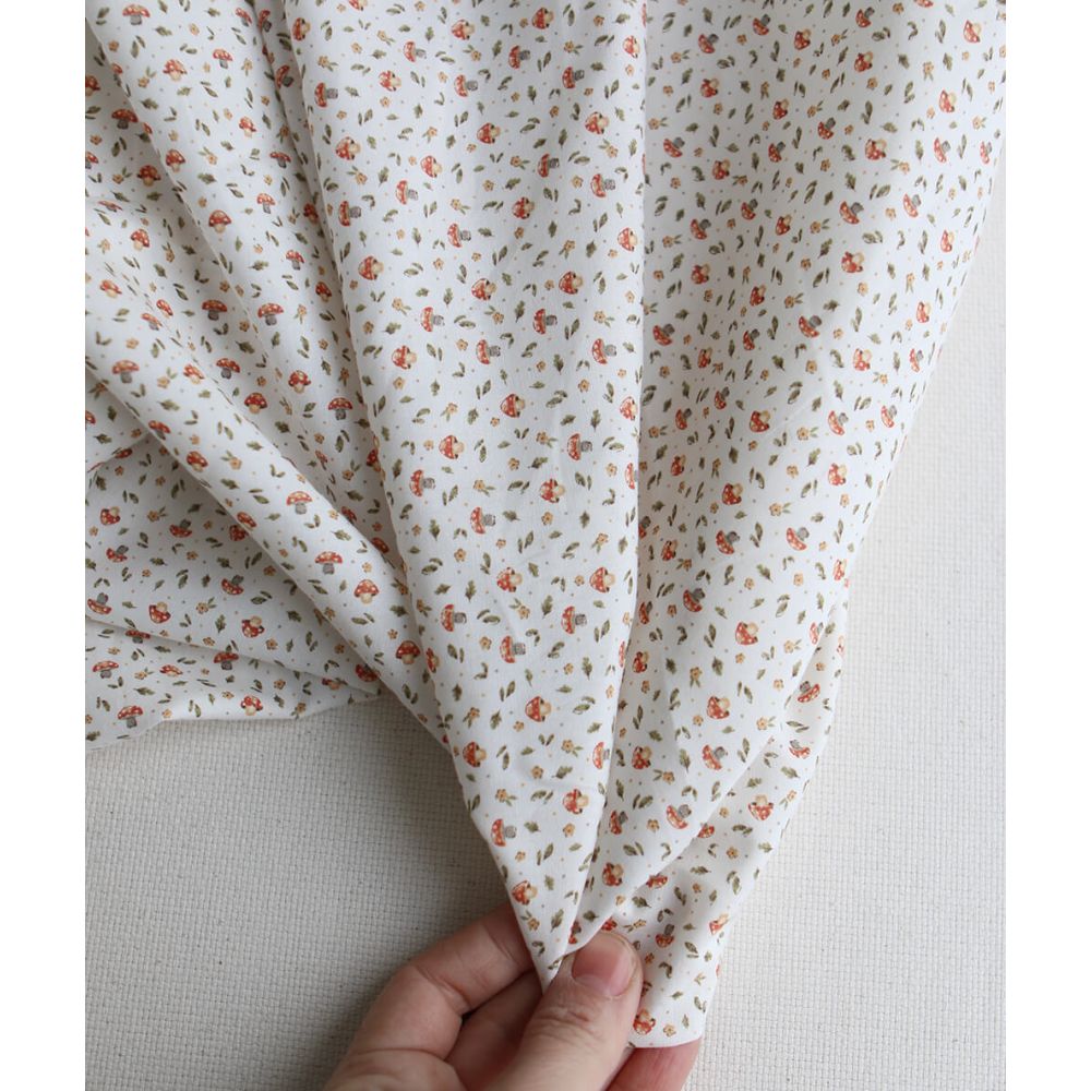 Amanite - Popeline de coton BIO imprimé champignon rouge orangé et vert