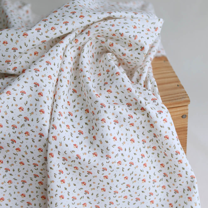 Tissu popeline coton douce imprimé motifs champignon bébé enfant
