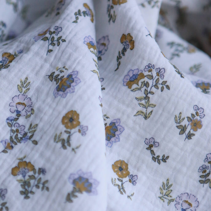 Azélie - Double gaze de coton motif fleuri parme moutarde et vert