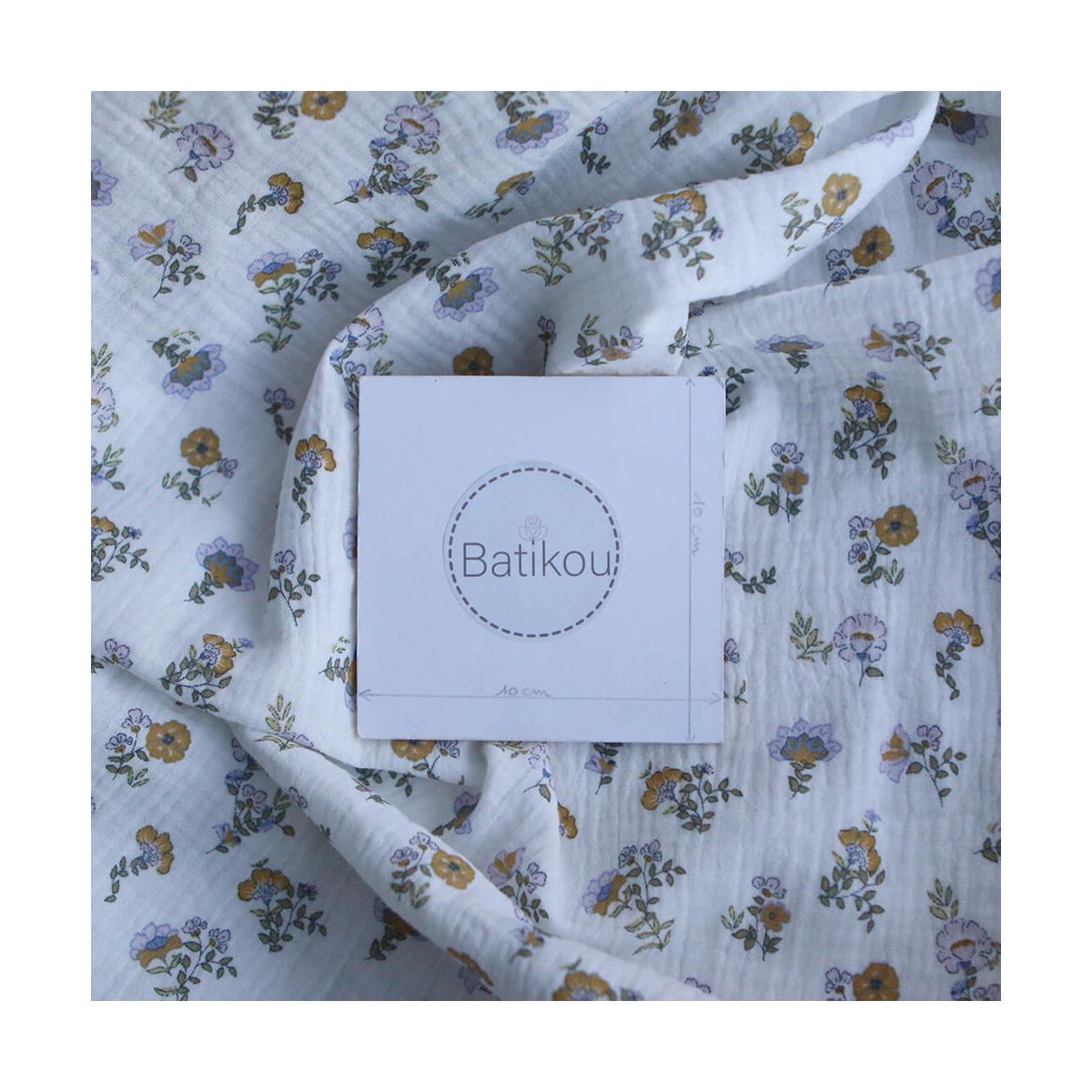 Azélie - Double gaze de coton motif fleuri parme moutarde et vert