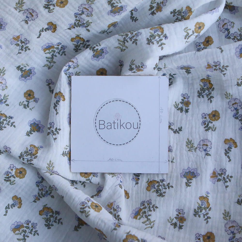 Azélie - Double gaze de coton motif fleuri parme moutarde et vert