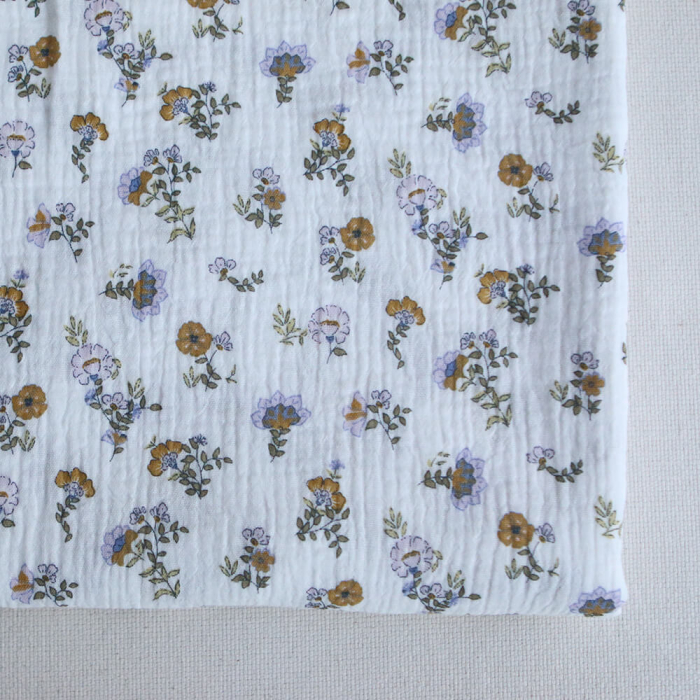 Azélie - Double gaze de coton motif fleuri parme moutarde et vert