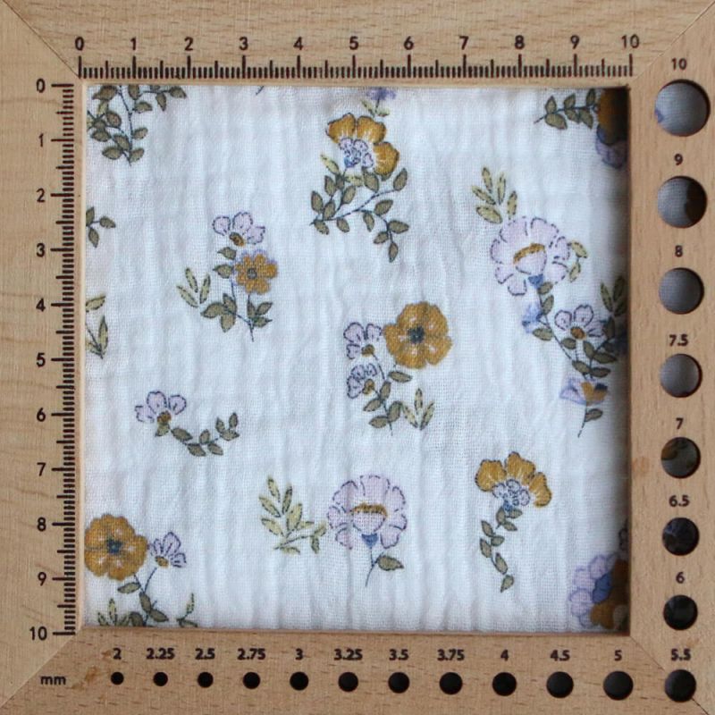 Azélie - Double gaze de coton motif fleuri parme moutarde et vert