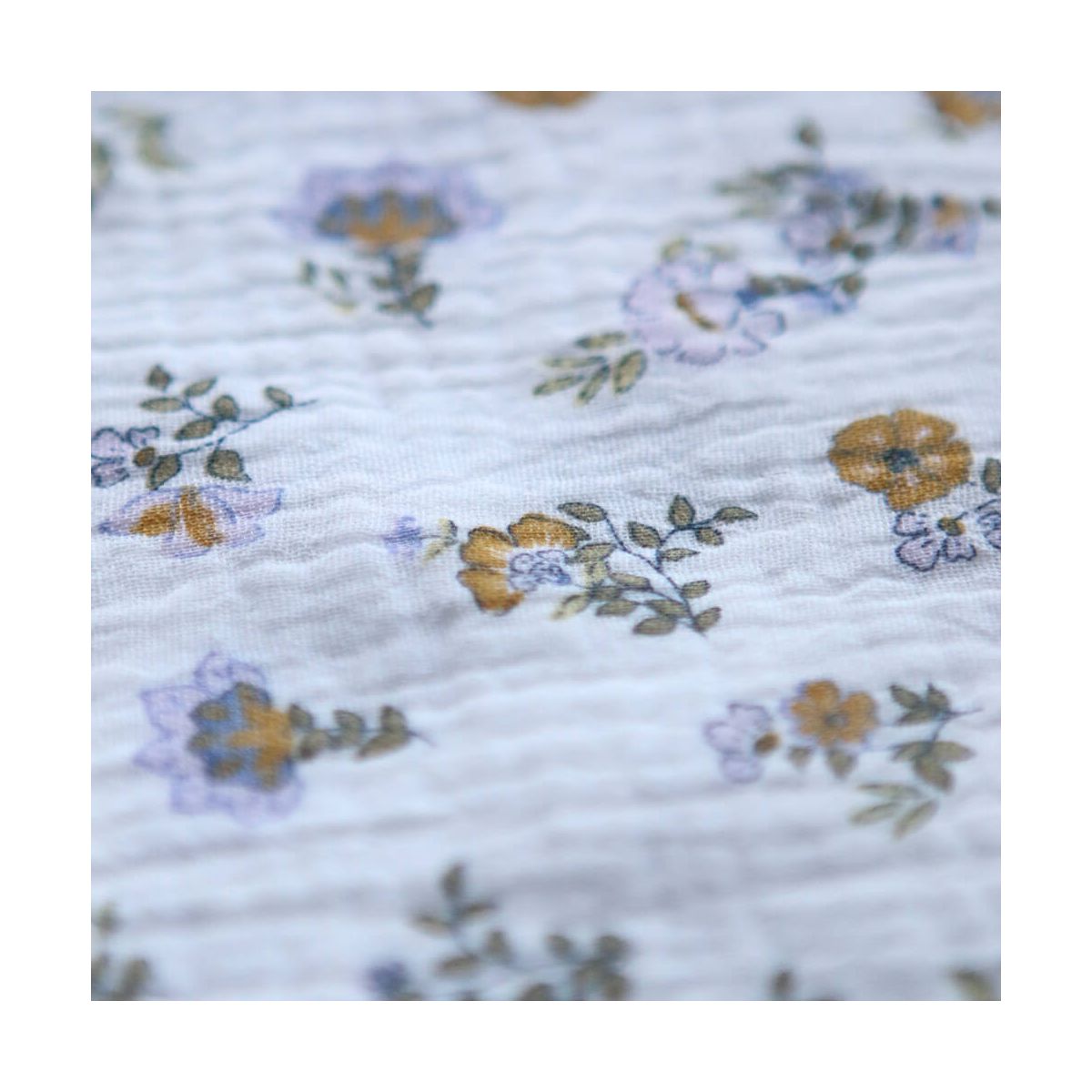 Azélie - Double gaze de coton motif fleuri parme moutarde et vert