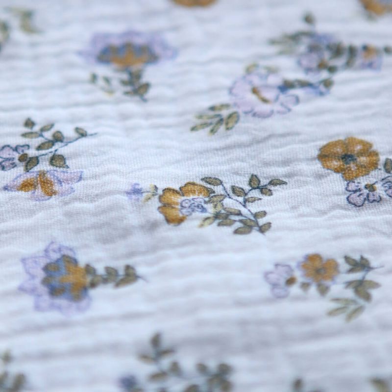 Azélie - Double gaze de coton motif fleuri parme moutarde et vert