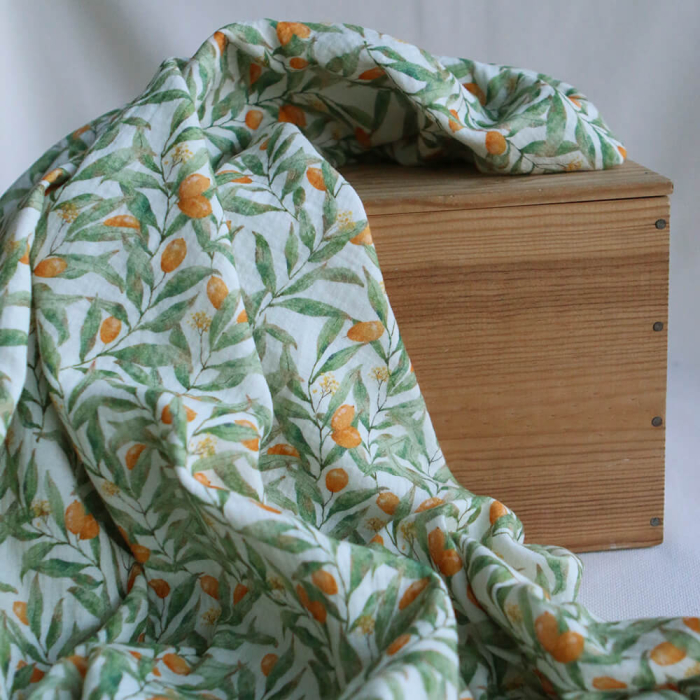 Zestine - Double gaze de coton motif feuillage et agrumes